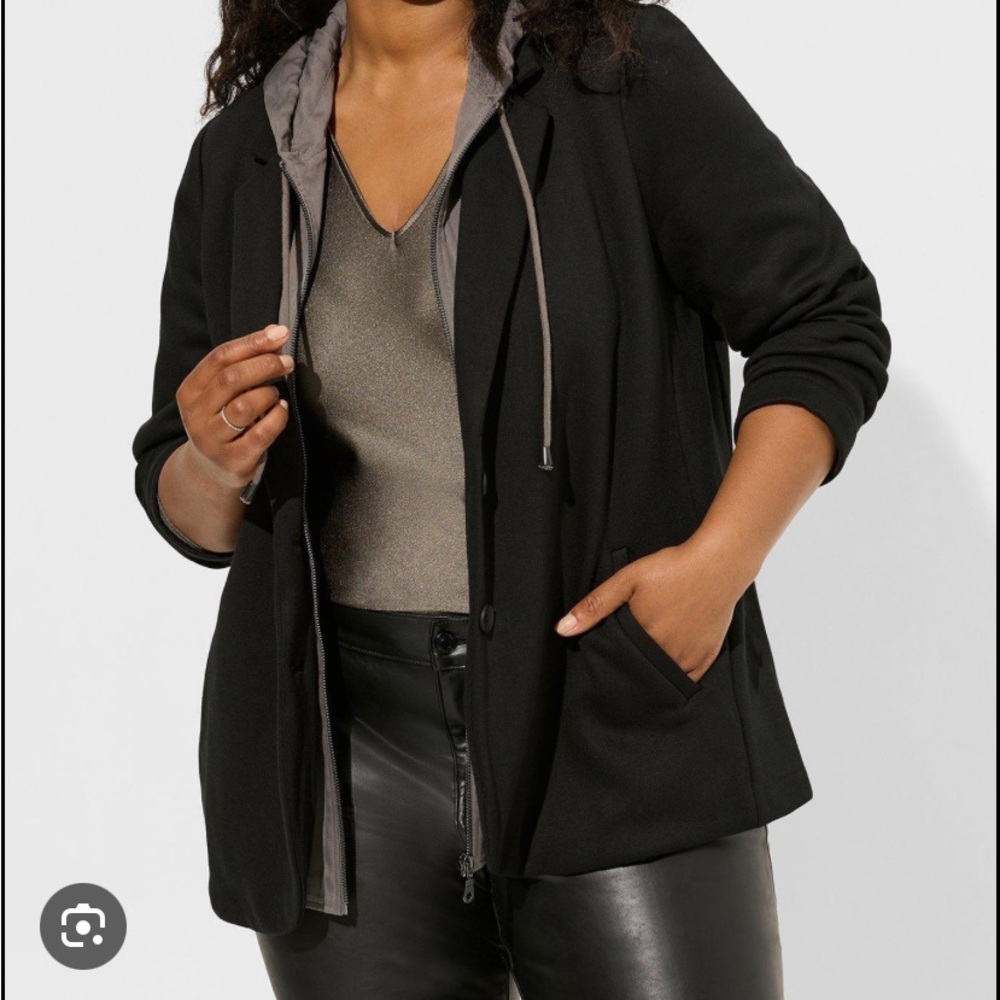 Torrid Fabric Mix Black Hooded Zip Blazer Size 1X NWOT
